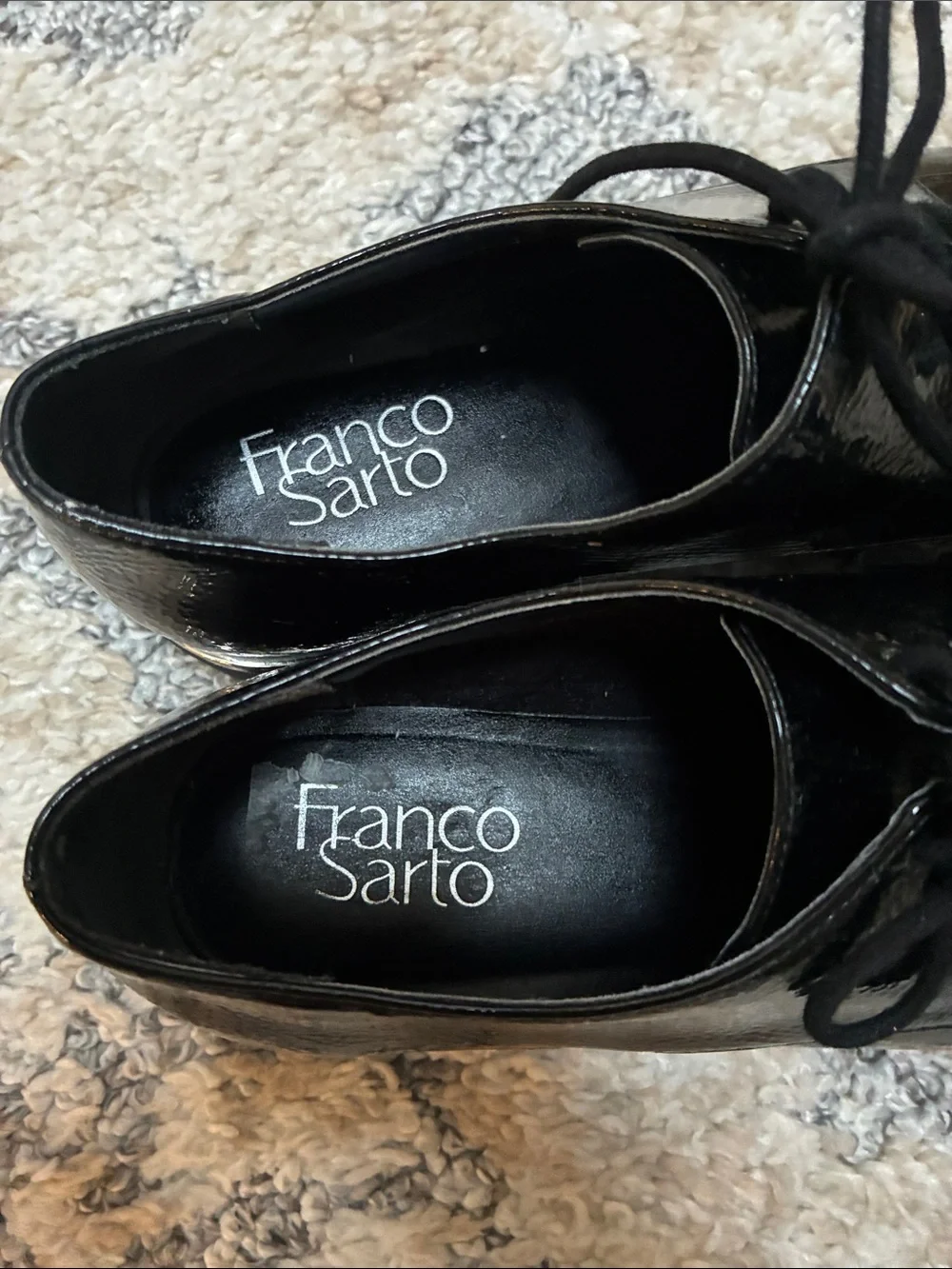 Franco Sarto Black Patent Leather Derby Shoes with Brown Welt